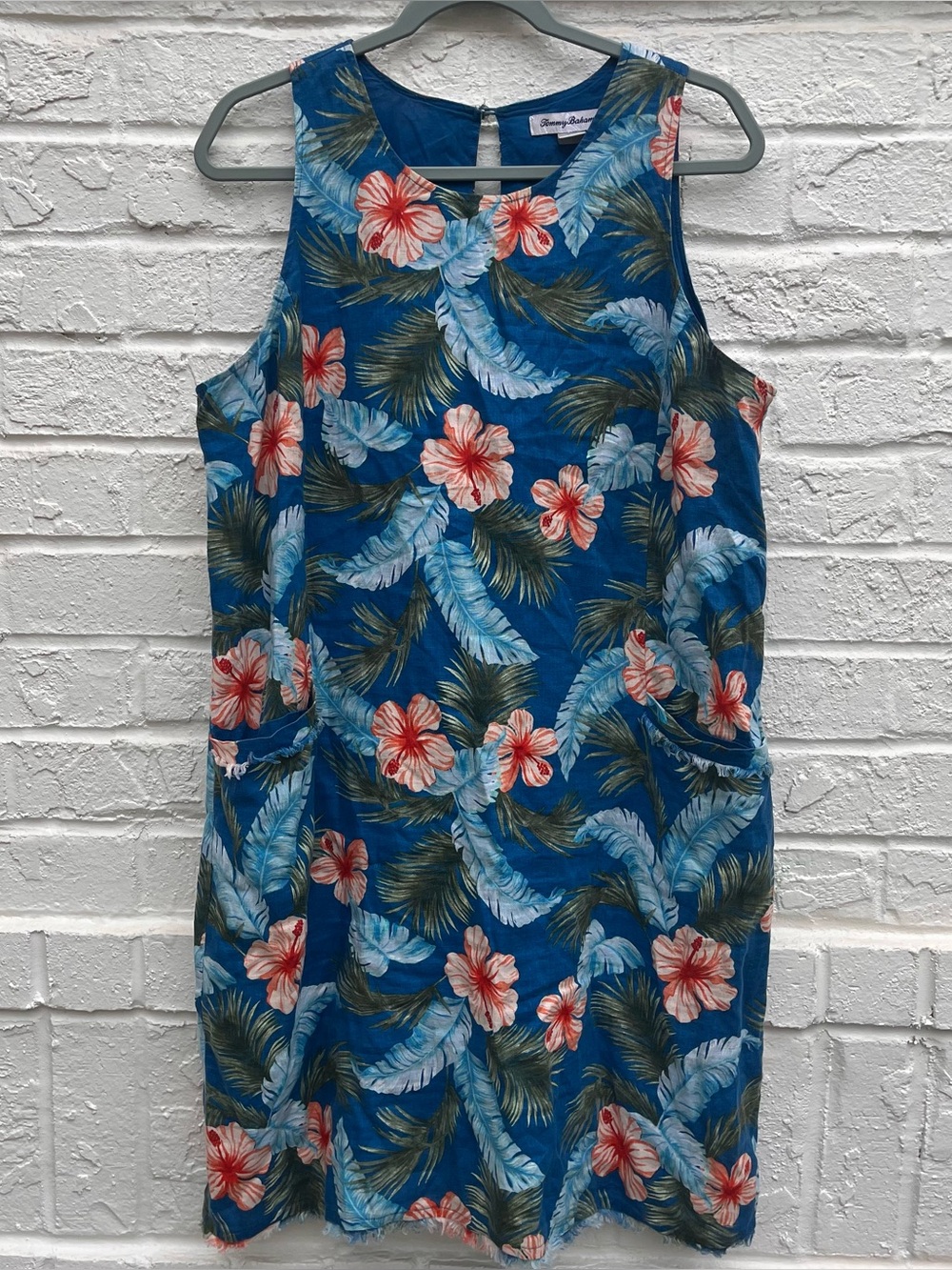 Tommy Bahama Tropical Linen Blue Shift Dress Hibiscus Print Size Large